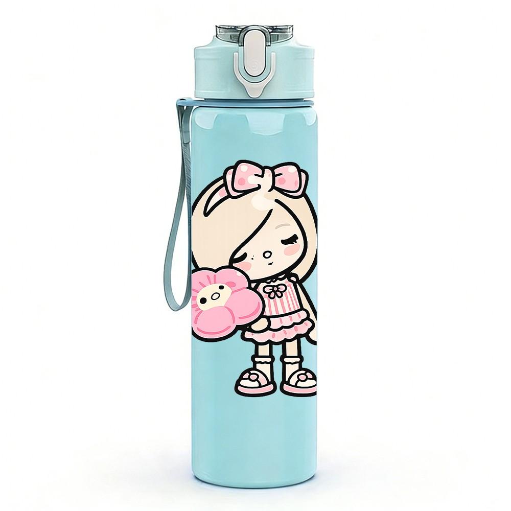 1PC Pink Dress Chibi Girl Doll 750ml Color Plastic Sports Water Bottle Leakproof Flip Straw Lid Suitable for Sports Office Home Use