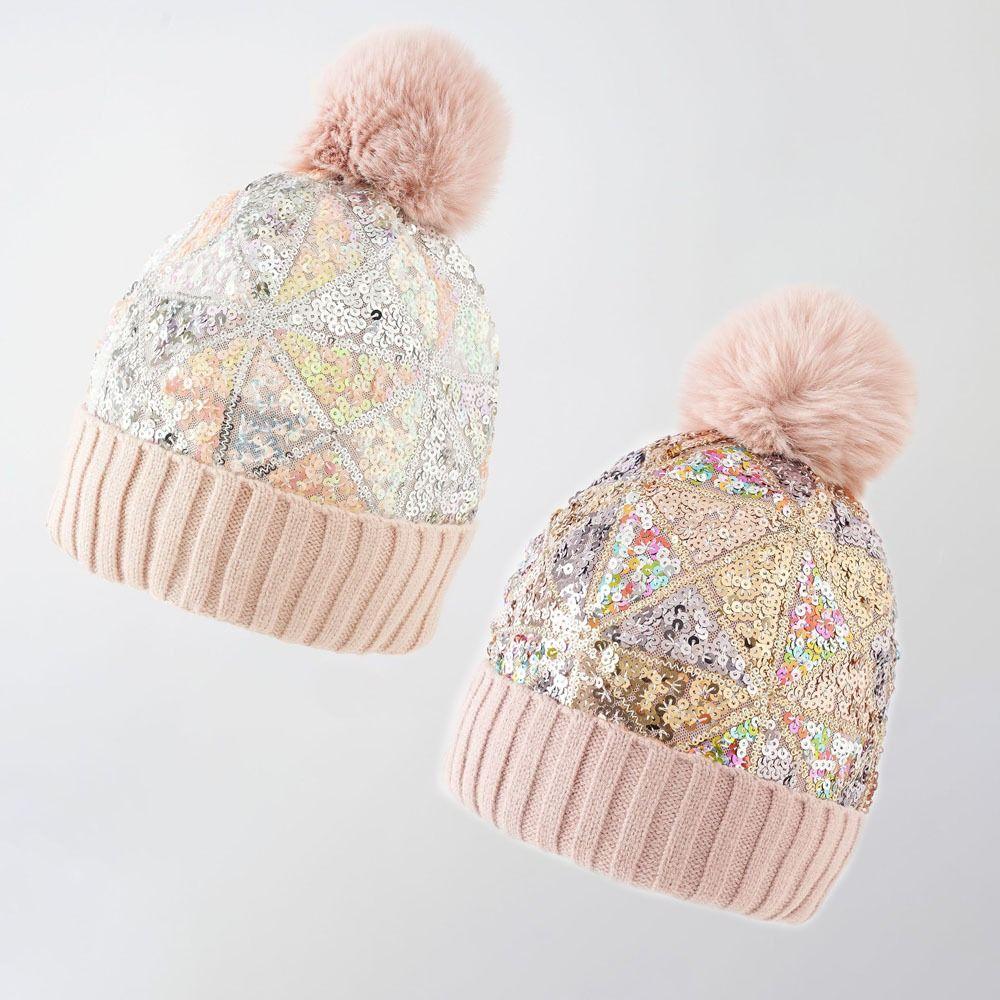 Sequin Pullover Yarn Hat Removable Plush Ball Knitting Cap Women Warm Beanies Hats Autumn Winter