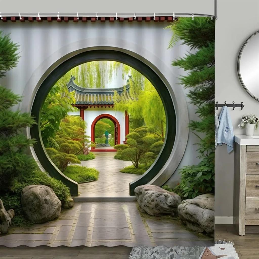 Шторка для душа в китайском стиле, винтажная деревянная доска, садовая постройка, зеленые растения, бамбуковый узор, декор для ванной комнаты, комплект штор