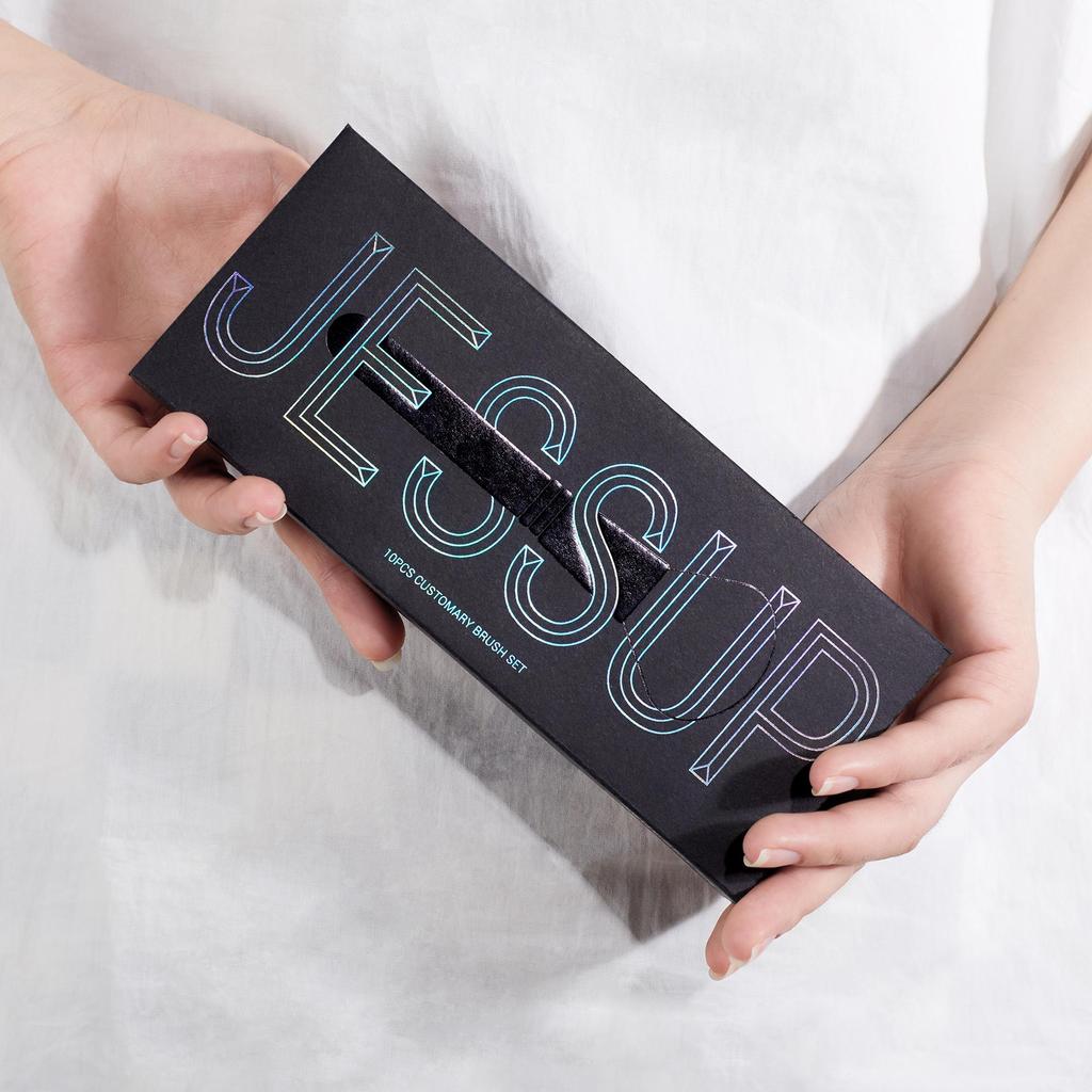 Jessup Набор кистей для макияжа, 10 шт., пудра, основа, тени для век, кисть для подводки глаз со смешанной козьей шерстью, консилер, румяна, брошь для бровей