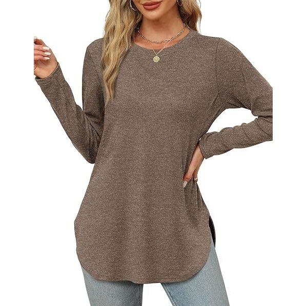 GMXIA Autumn Women's Solid Color Long Sleeve Top Round Neck Loose Casual Base Shirt