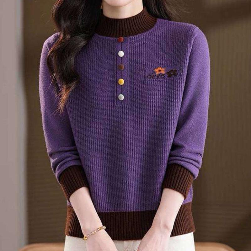 2025 Elegant Alpaca Wool Round Neck Long Sleeve Knit Sweater for Women - Stylish Mom's Top