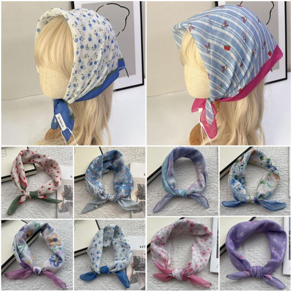 Floral Print Pattern Hair Scarf Double Sides Head Handkerchief Silk Scarf  Spring Summer Fall