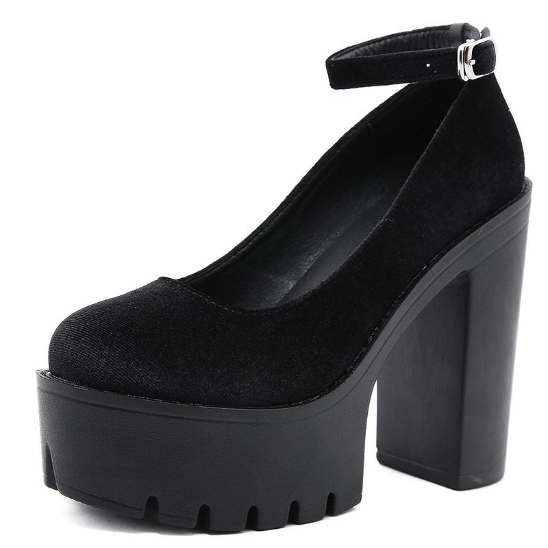 Весенне-осенние пикантные женские туфли-лодочки на платформе, женские туфли на толстом высоком каблуке, женские черные замшевые туфли на резиновой подошве