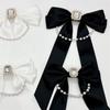 Fashion Fabric Black White Bow Pearl Chain Crystal Rhinestone Brooch Elegant Women Shirt Collar Pin Corsage Mourn Brooch Jewelry