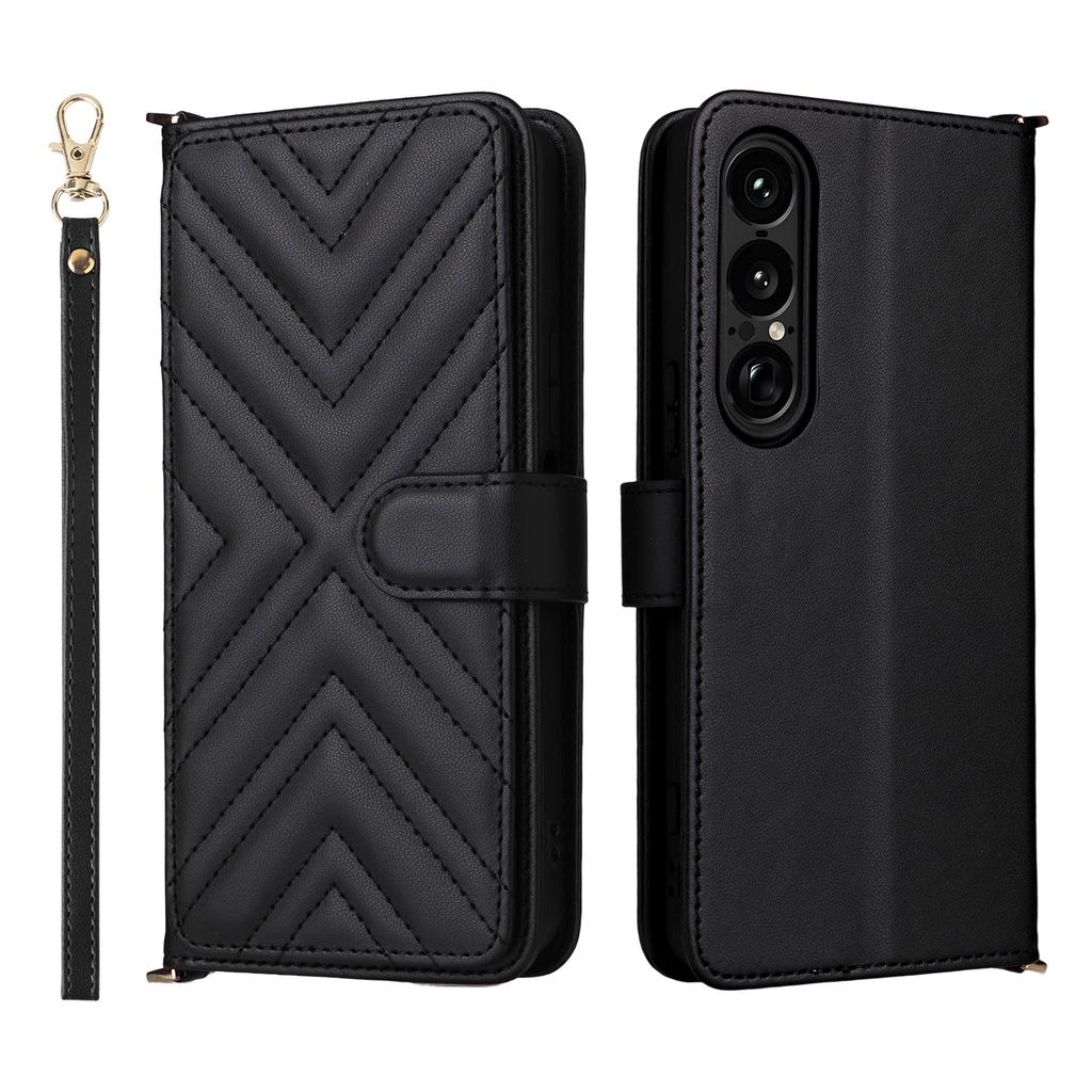 For Sony Xperia 1 VII Wallet Case with Shoulder/Wrist Strap Leather Phone Cover Stand