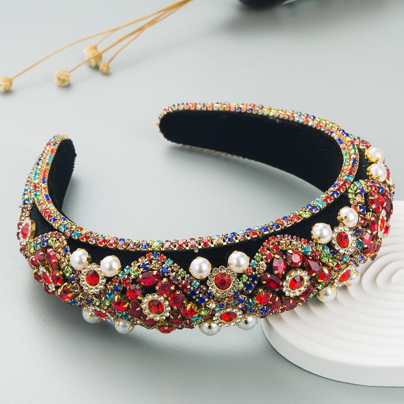 Heming Retro Velvet Headband with Diamond and Pearl Embellishments for Women