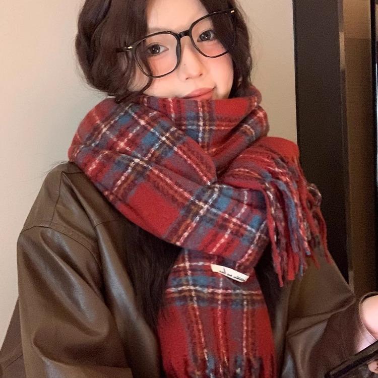 Korean Style Women's Red Plaid Winter Scarf - Warm & Thick Shawl