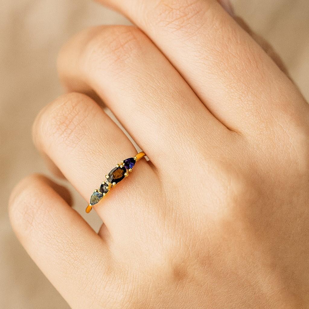 Smokey Quartz Engagement Ring for Women – Yellow Gold Plated Multi-Stone Ring | Sapphire, Aquamarine, Black Feldspar | Anniversary, Promise Gift