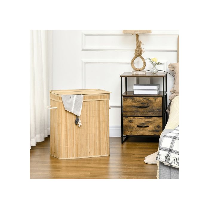 Panier à linge - MUVOE - 90L - 2 sections - Couvercle - Sac amovible en tissu