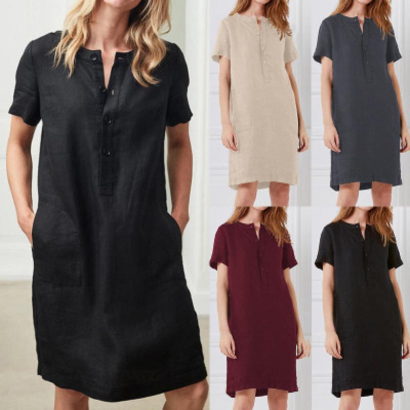 Women's Summer Cotton Linen Midi Dress, Loose V Neck Button Front Short Sleeve Casual Dress with Pockets