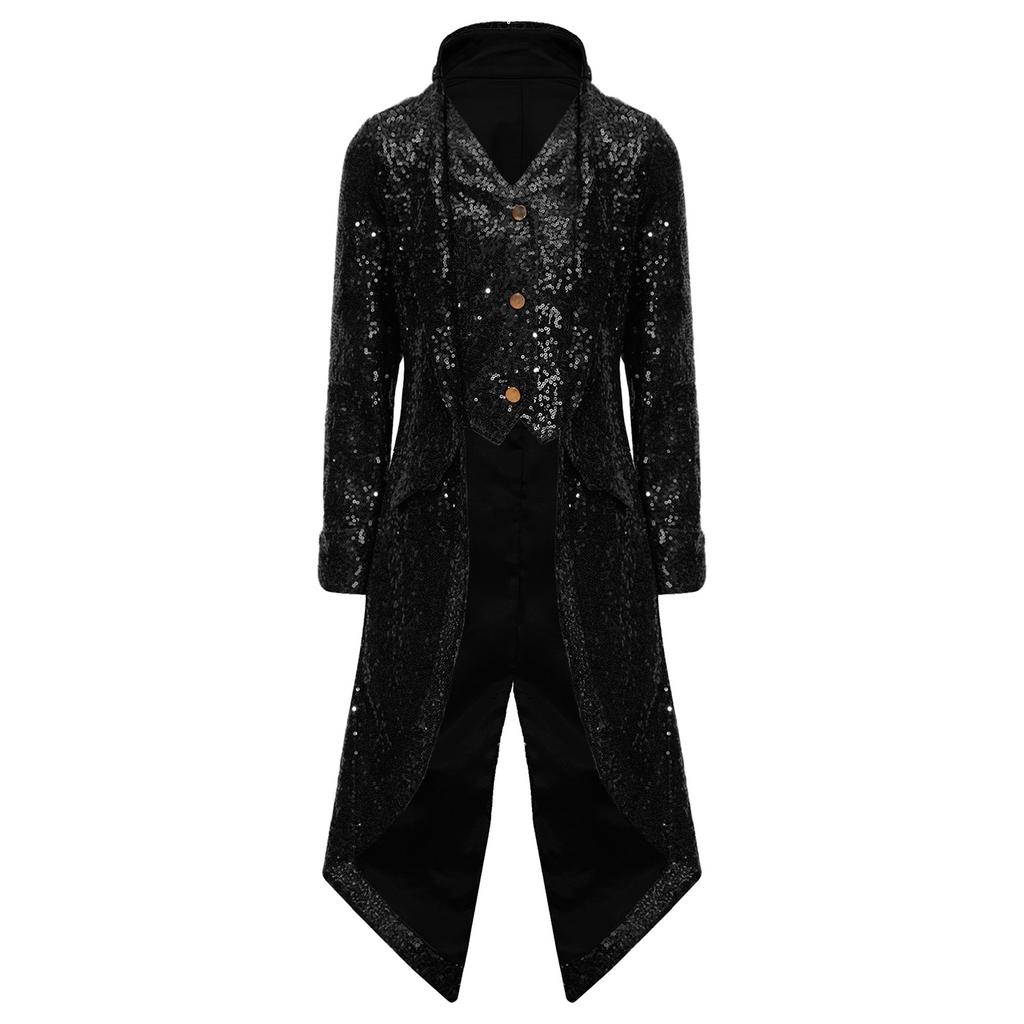 Boys Gothic Steampunk Tailcoat Vintage Long Coat Victorian Frock Coat Sequined Jacket Halloween Costume