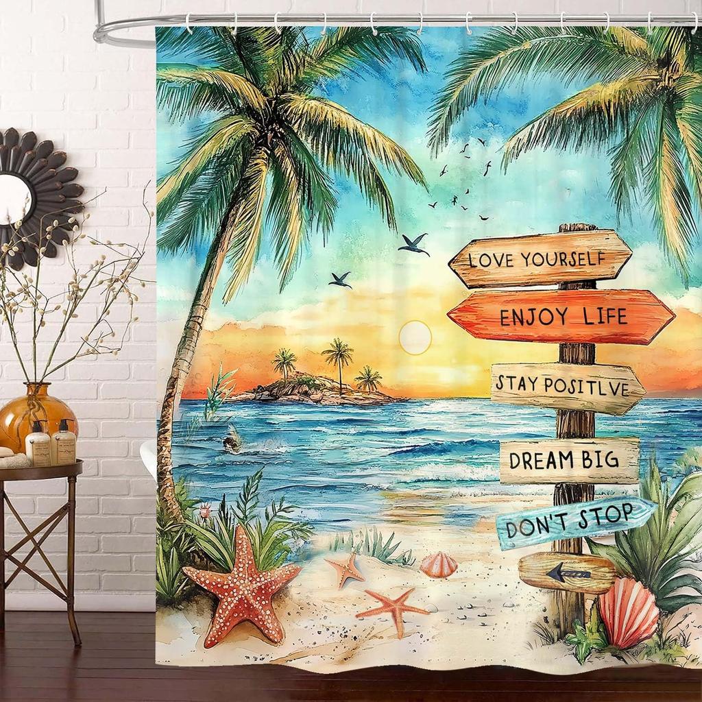 Aesthetic Tropical Boho Beach Shower Curtain Waterproof Watercolor Palm Tree Prints Coastal Decor Bathroom Linen Art Quotes Curt