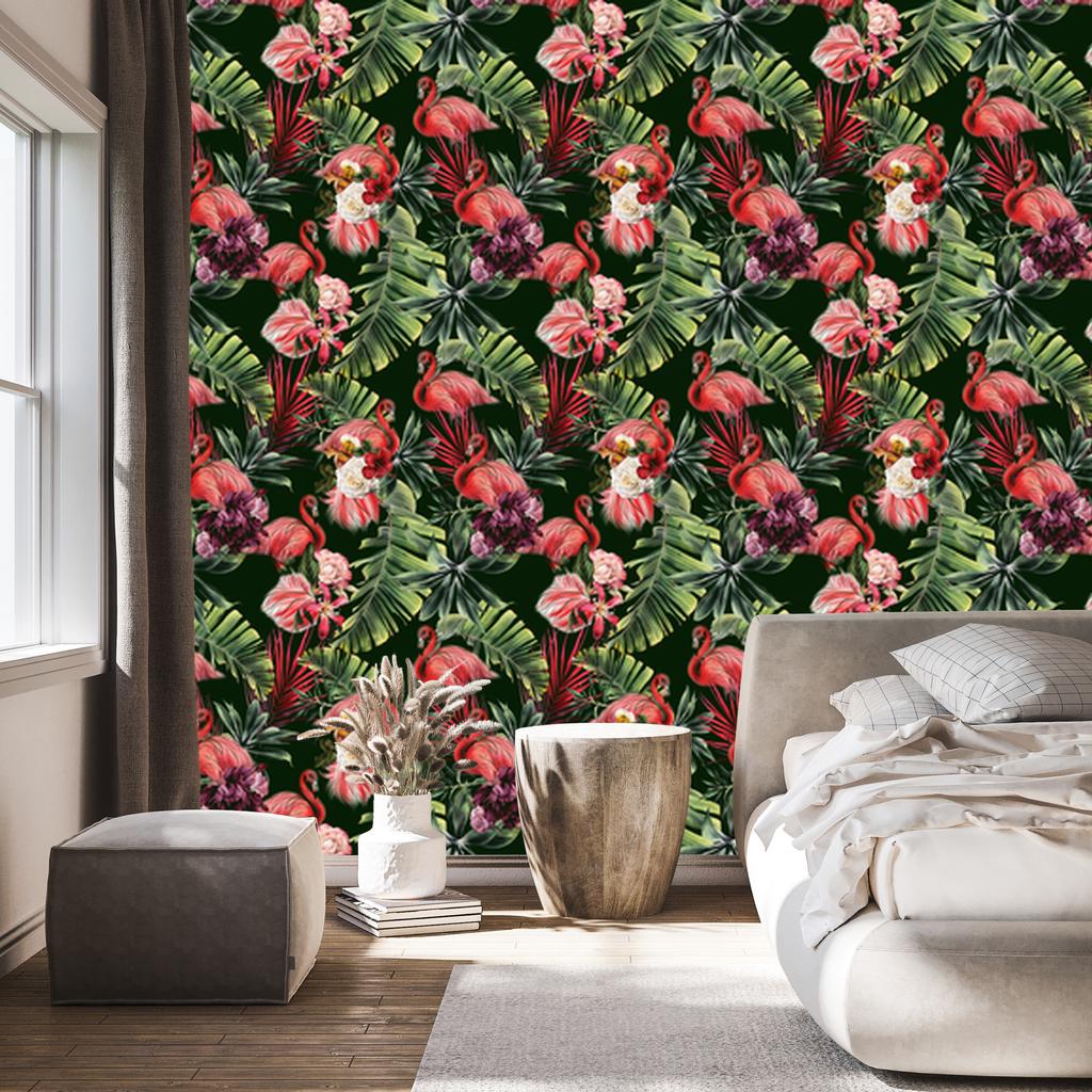 Flamingos wallpaper roses flowers and green for living room and bedroom 50x1000