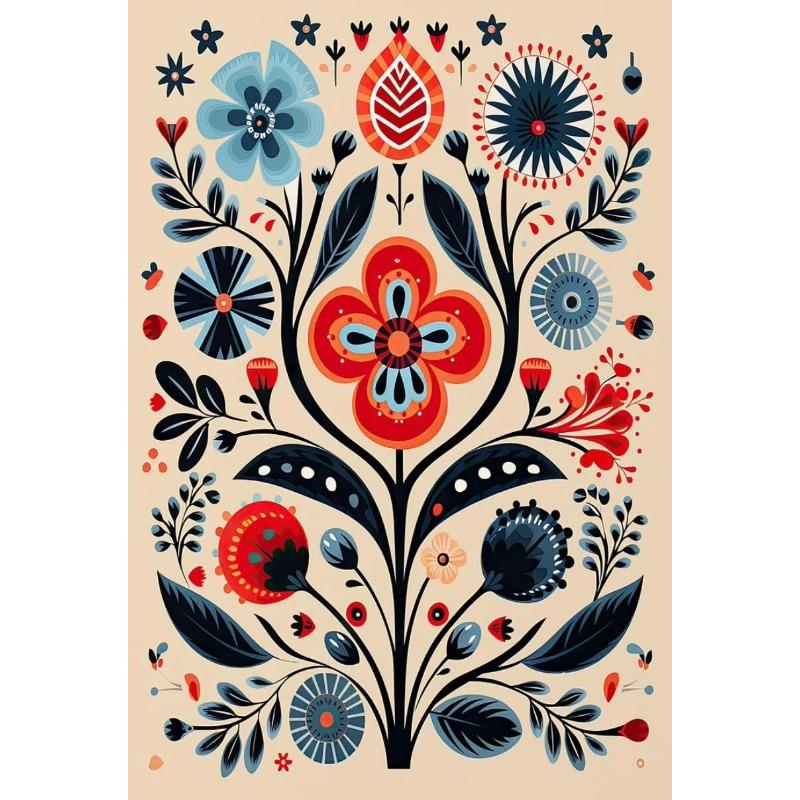 Норвежское народное искусство Цветочный постер с птицами Скандинавский принт Абстрактная картина на холсте Скандинавское настенное искусство Картина для гостиной Домашний декор