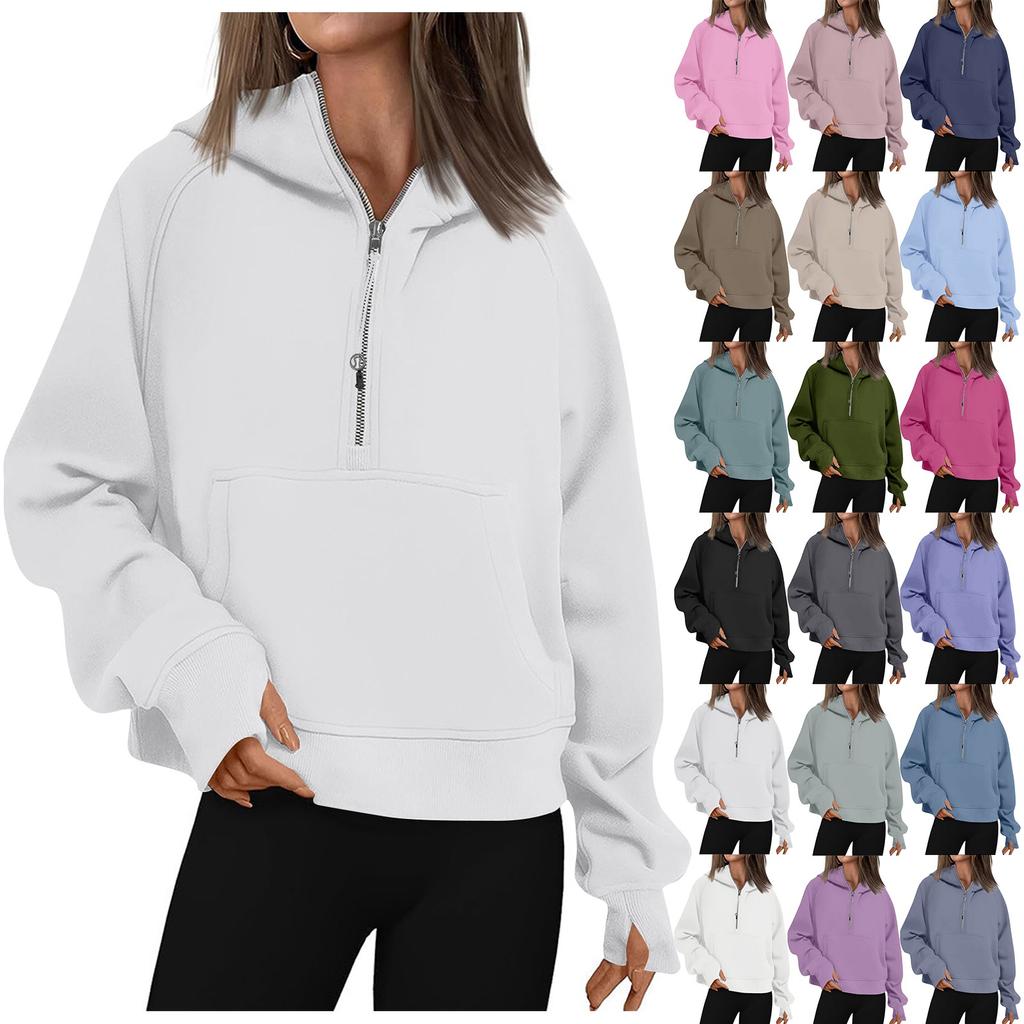 Women's Hoodies Solid Color Loose Short Half Zip Pockets Thumb Hole Long Sleeve  Pullover Sweatshirts