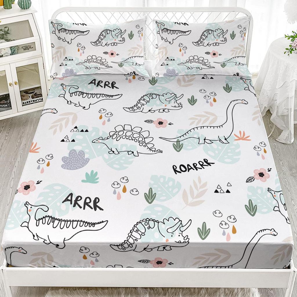 Многоцветный мультяшный узор с динозаврами, шапка на кровать из трех частей, цифровая печать, милый узор, постельный комплект