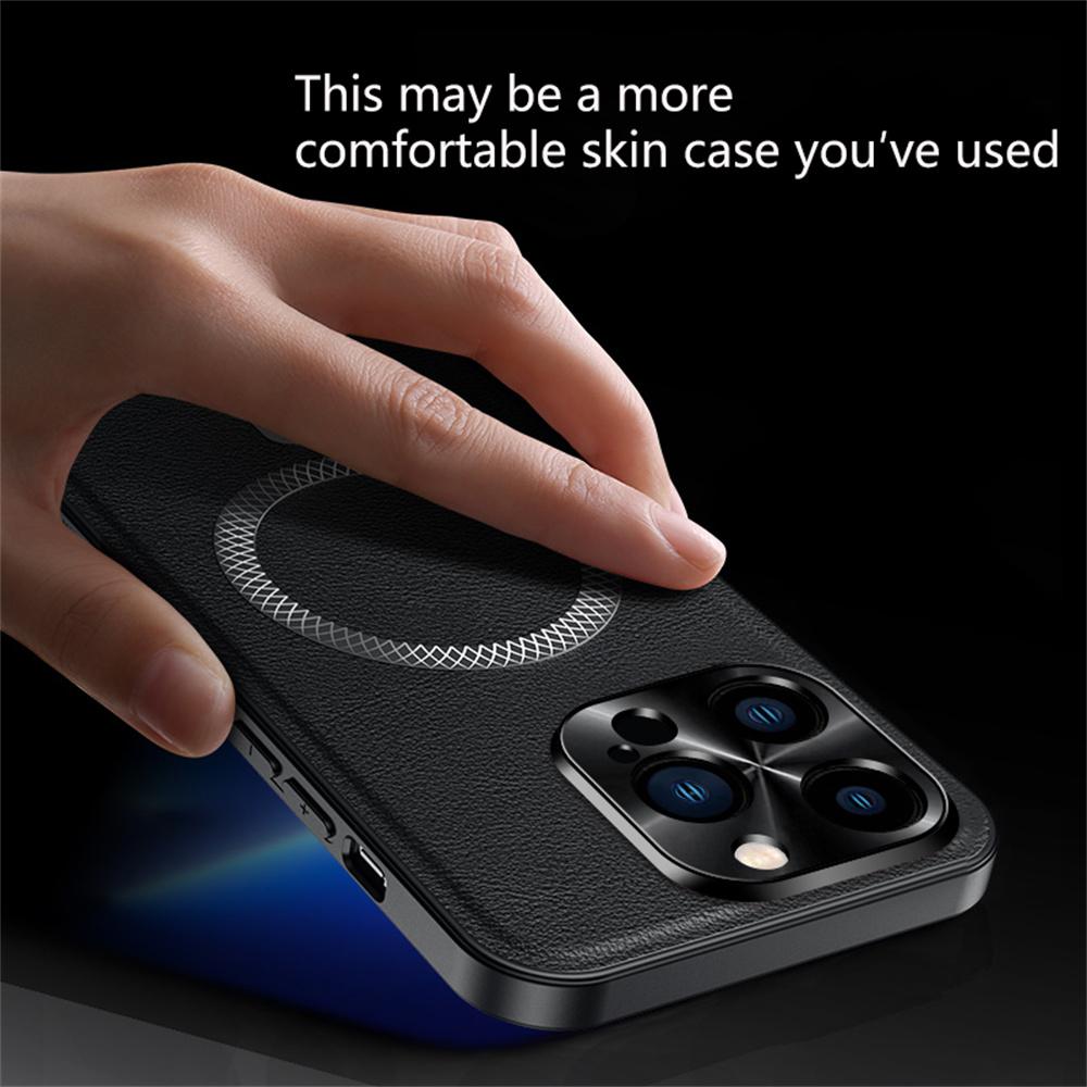 For iPhone 15 Pro Case Compatible with MagSafe PU TPU PC Phone Back Cover with Metal Lens Frame