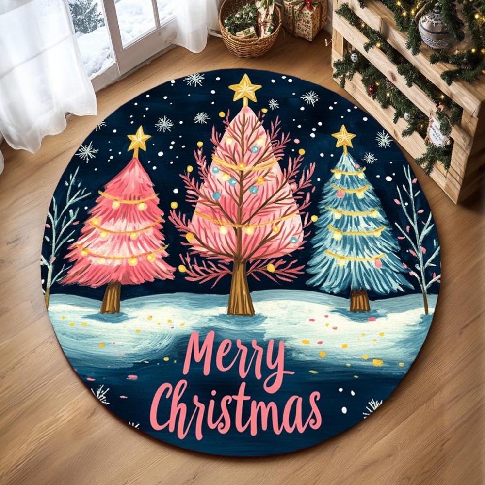 Merry Christmas Round Rug Blue Tree Gold Star Ornament Holiday Floor Area Carpet for Home Living Room Bedroom Deco