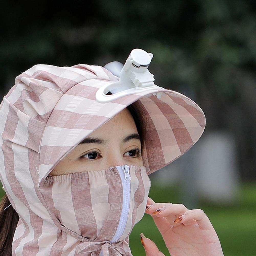 Women Summer Sun Hat Face-covering Neck Protective Windproof Sunshade Sunscreen Striped Hat With Fan