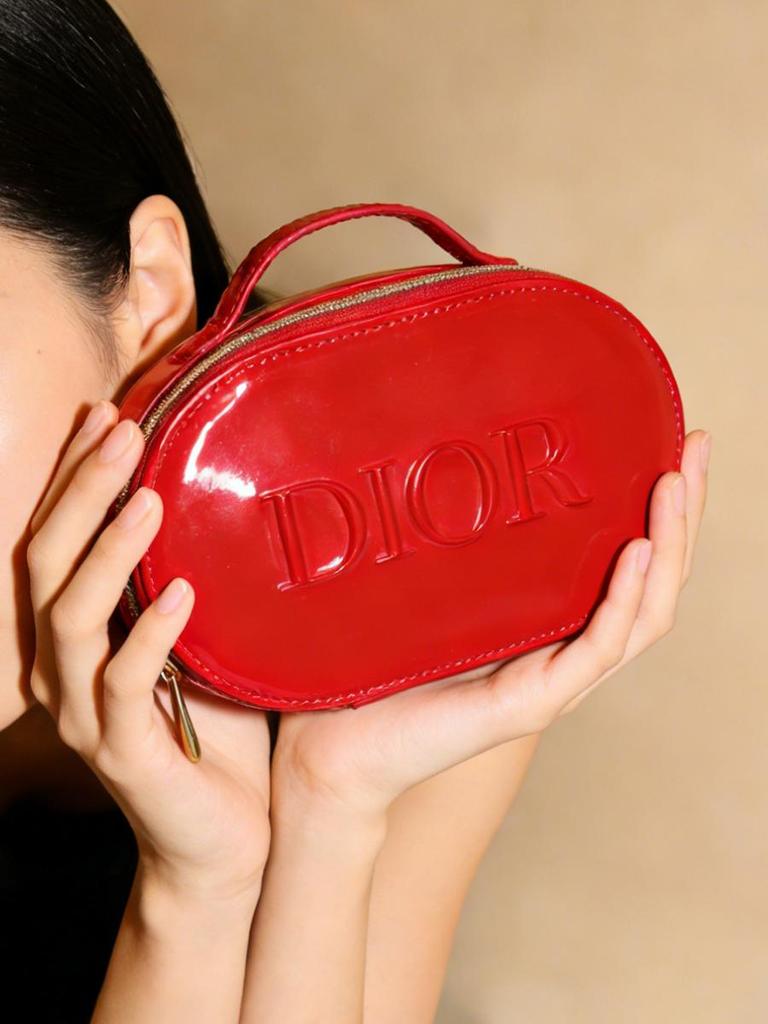 Dior Красная глянцевая косметичка с ручкой, Портативный дорожный органайзер для макияжа