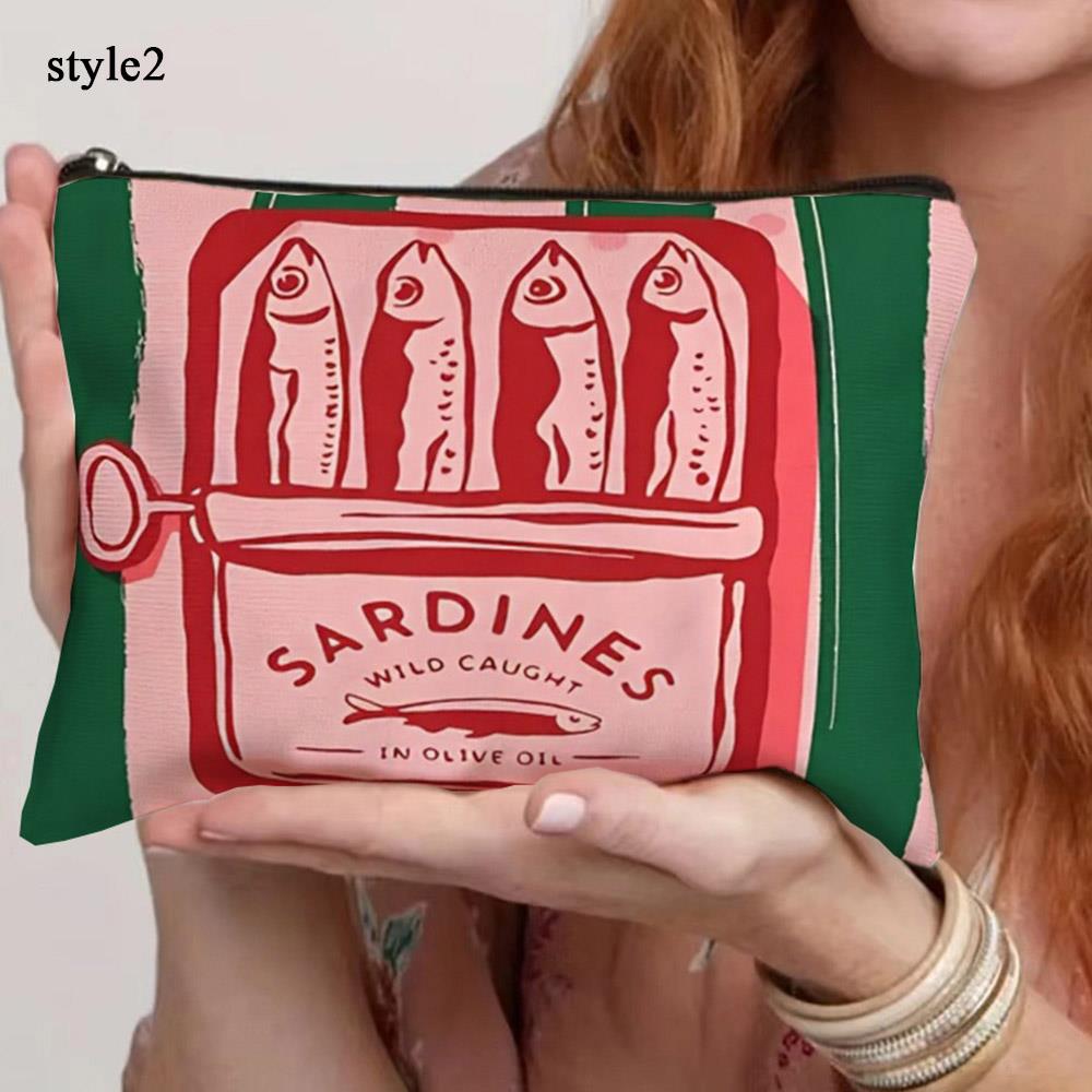 Vintage Sardines Pattern Makeup Bag With Zipper Lightweight Travel Cosmetic Organizer For Women Durable Storage Bag Change Purse