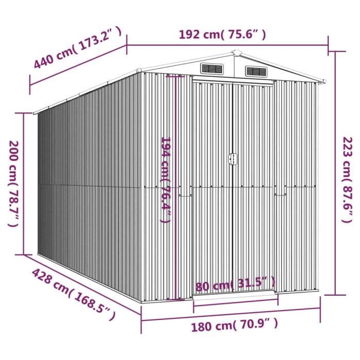3147430 vidaXL Garden Shed Green 192x440x223 Cm Galvanized Steel