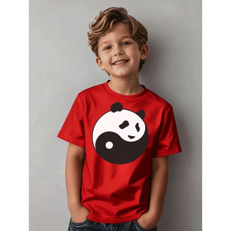 Boys Panda Yin Yang Print Black Crewneck Casual Sports T-Shirt