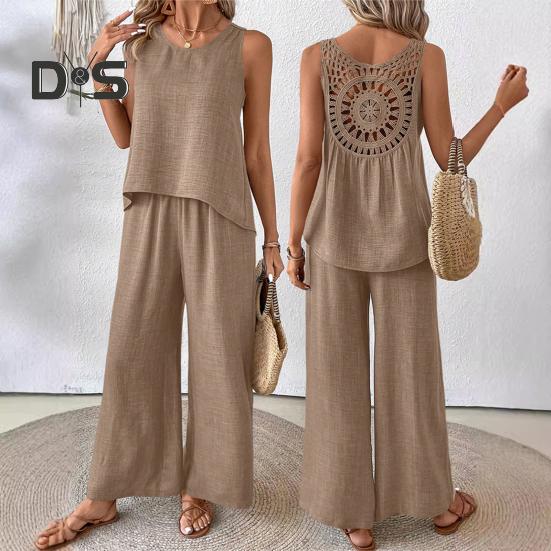 Женский комплект из двух предметов для отдыха, летний топ без рукавов с вырезом сзади и широкие брюки, повседневная одежда для отпуска и путешествий