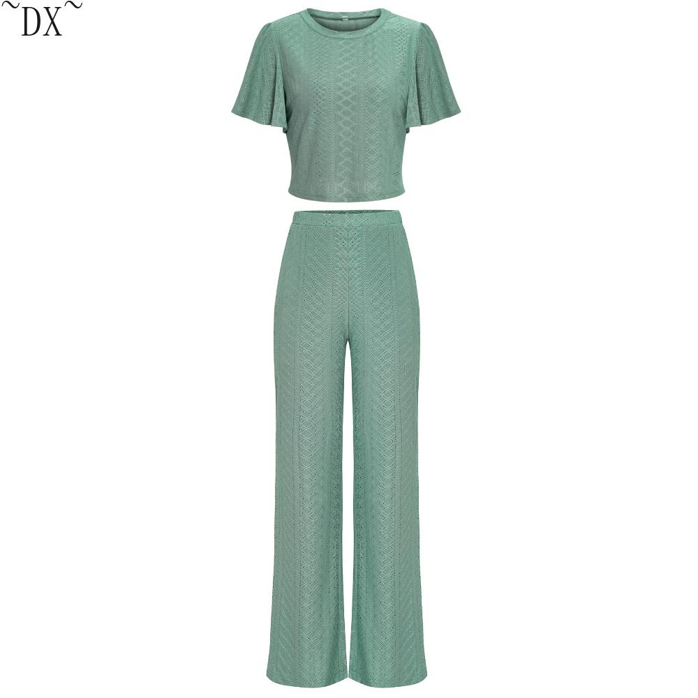 DX - весеннее и летнее новое желание, женский однотонный повседневный вязаный ажурный комплект с круглым вырезом для внешней торговли в Европе и Америке
