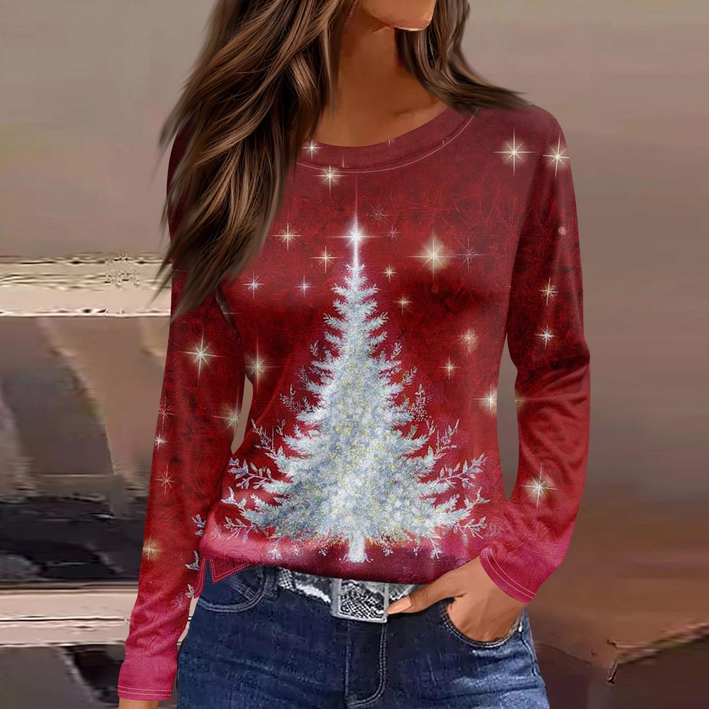 Women's Fashion Hem Slit Casual Christmas Printed Round Neck Long Sleeve Top