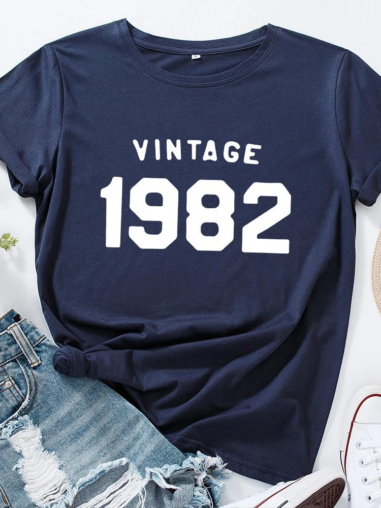Винтажная женская футболка с принтом письма 1982 года, с коротким рукавом, с круглым вырезом, свободная, женская футболка, женская футболка, топы, одежда, Camisetas Mujer