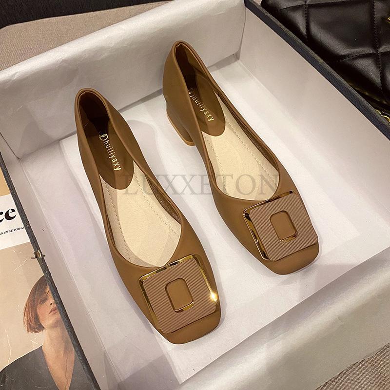 Women Fashion Pumps OL Square Buckle High Heels Shoes Ladies Decoration Leather Casual Shoes Big Size 35-43