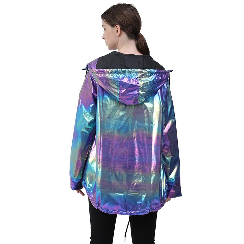 Unisex Shiny Jacket Laser Hooded Coat Iridescent Holographic Harajuku Sun Protect Top Plus Size