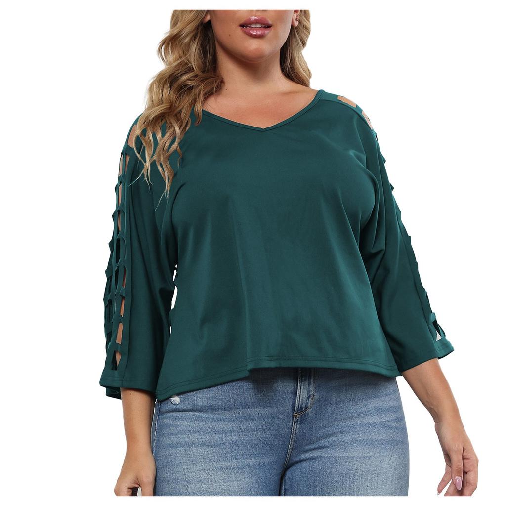 Женский летний повседневный модный сексуальный удобный свободный топ большого размера с полым v-образным вырезом, однотонный топ с рукавами три четверти