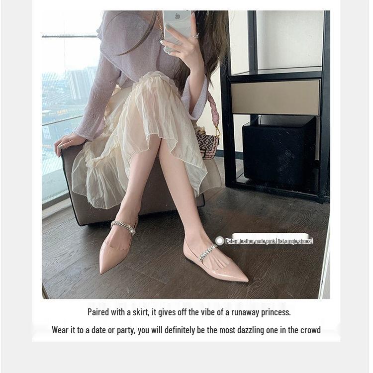 Весна 2025 Туфли Мэри Джейн на плоской подошве с цепочкой из стразов в стиле феи - Лакированная кожа, Заостренный носок, Корейская мягкая подошва