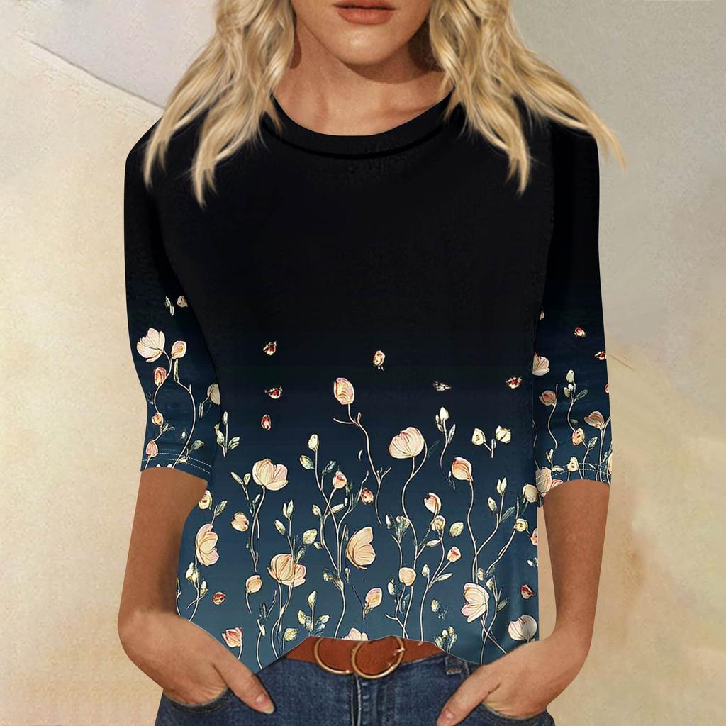 Женская модная повседневная футболка с рукавом семь восьмых, принтом и круглым вырезом