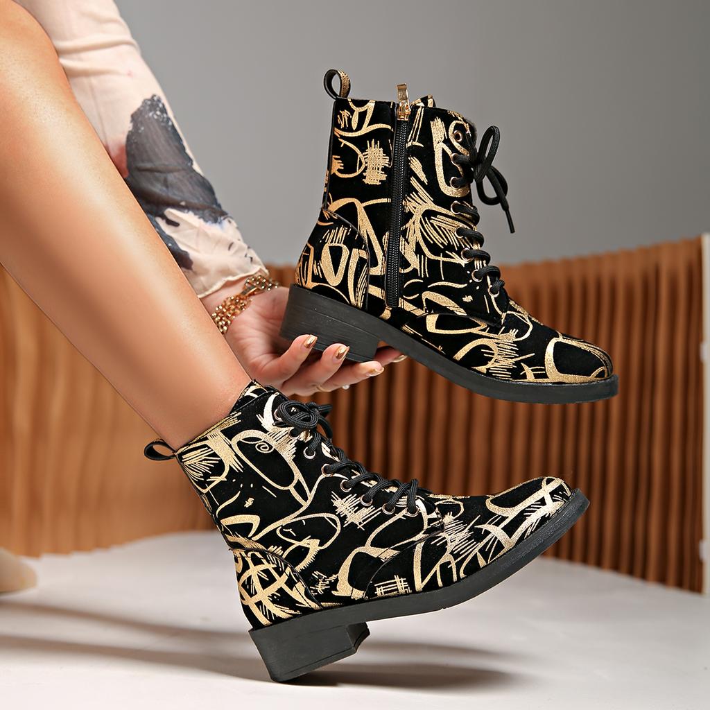 Women Shoes Autumn Winter New Foreign Trade Style Lace Up Print Short Boots Women Low Heel Pointed Head Low Barrel Women Boots