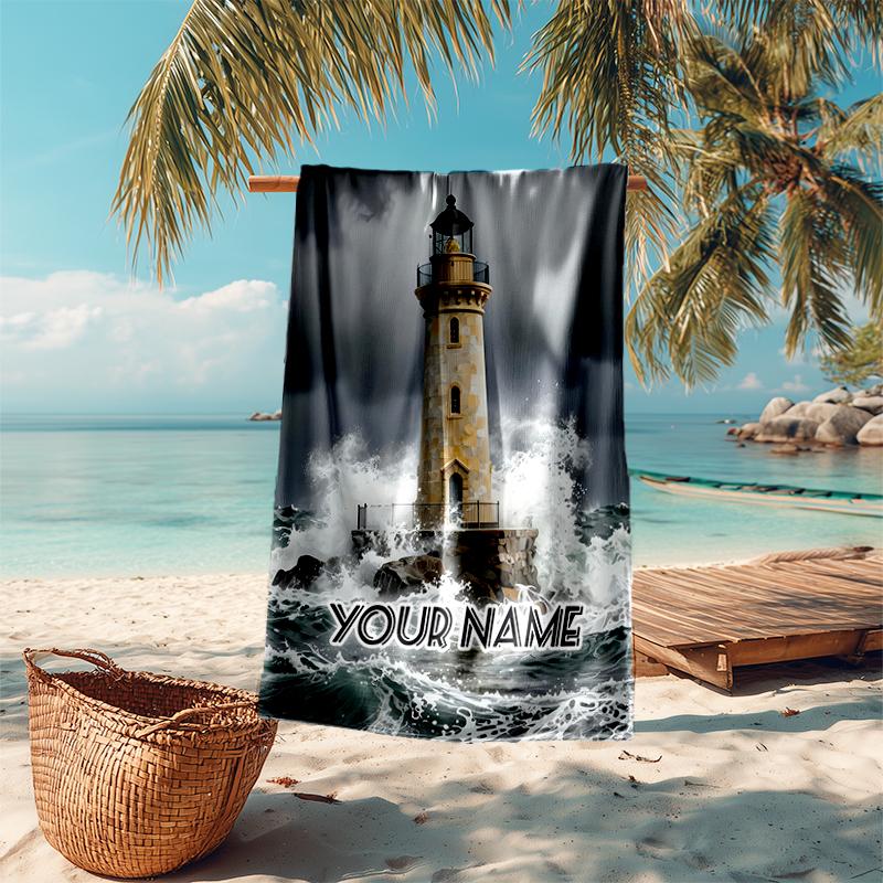 1PC Custom Name Lighthouse Stormy Sea Beach Towel Highly Absorbent And Sand-Resistant Towel for Swimming, Pool, Yoga, And Travel Lightweight