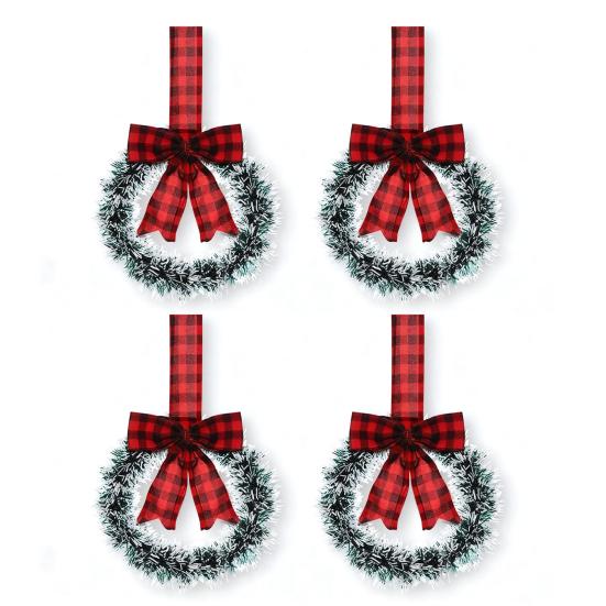 Mini Christmas Cabinet Wreaths 5.1 Inch Small Kitchen Xmas Decor with Red Ribbon Bow Plastic Rattan Fabric Window Door Office Holiday Decoration