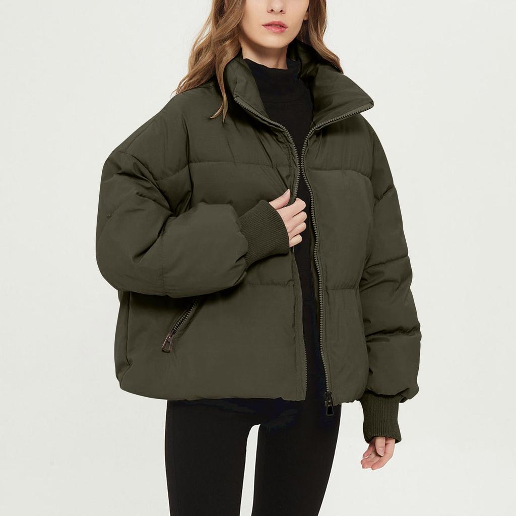 Women's Fashion Leisure Solid Color Long Sleeve Loose Stand Collar Zipper Coat Cotton Top