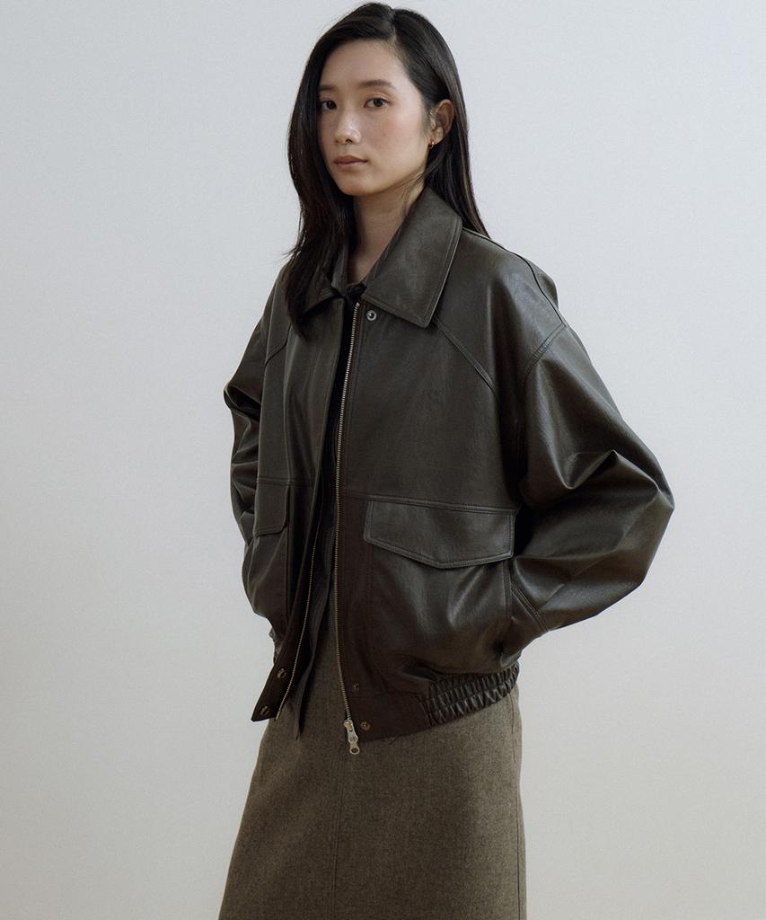 LINGSEOUL Out Pocket Leather Blouson-Brown