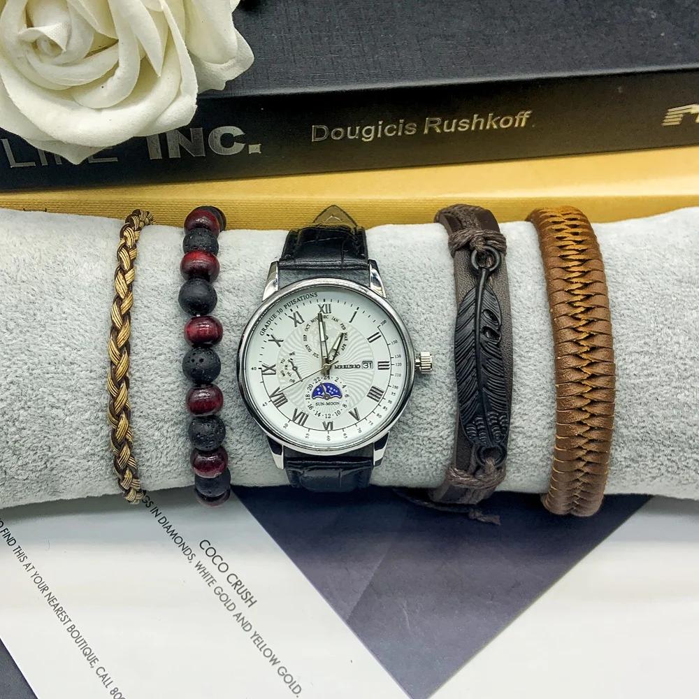 5 шт. Повседневные модные темпераментные простые деловые часы с большим циферблатом, включая коробку с браслетом, подходящие для деловых мероприятий