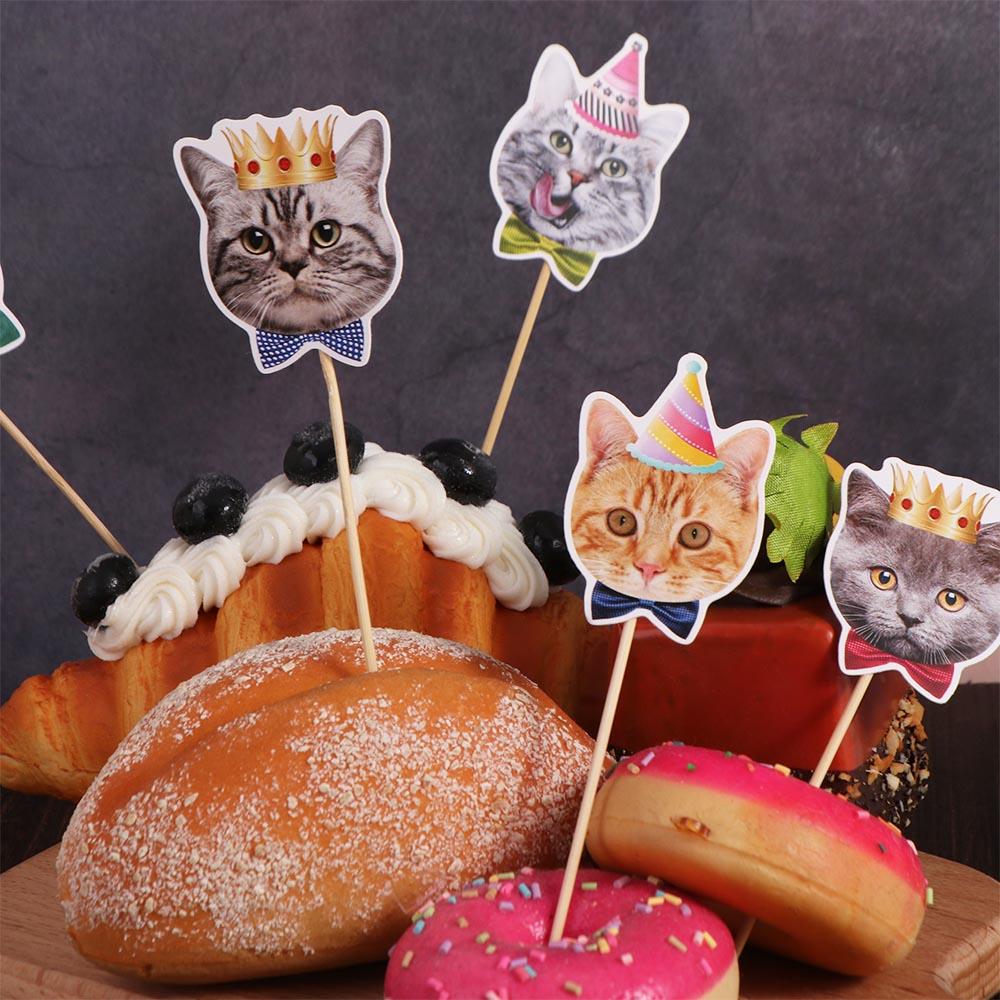8pcs Disposable Cat Cupcake Toppers Non Toxic Cake Flag Cat Face Insert Card Party Favors
