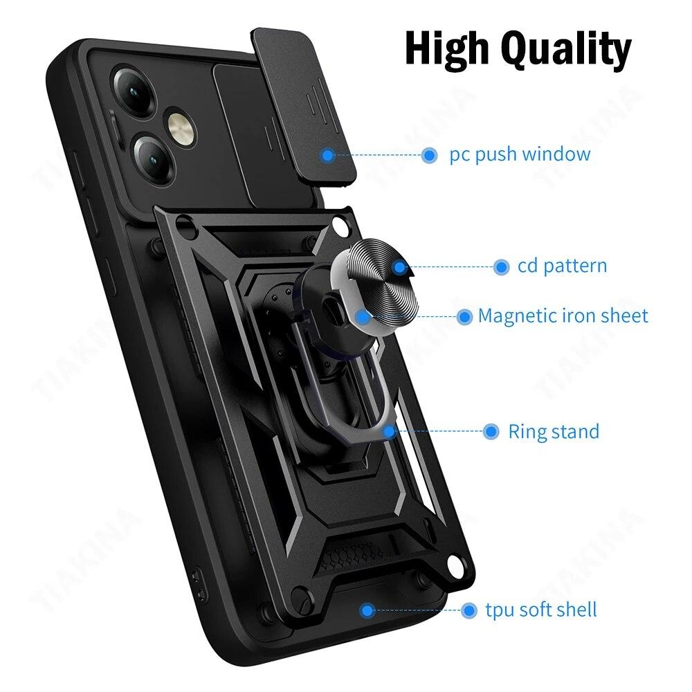 For Motorola Moto G14 4G G54 G84 5G Slide Lens Camera Protection Shockproof Armor Case for Moto Edge 40 Pro Neo 30 Ultra Magnetic Ring Holder Cover