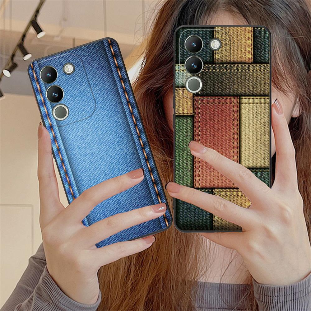 Джинсовая Текстура Чехол для Мобильного Телефона для VIVO V60 V50 V40 V30 V29 V27 V25 V23 Pro Lite 5G Цветной Чехол с Печатью Роскошный Чехол Красивый