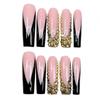Handmade Press-On Nails Square Shape Pink Black Contrast With Gold Bow Rhinestone Chain Glamorous Acrylic Tips Women