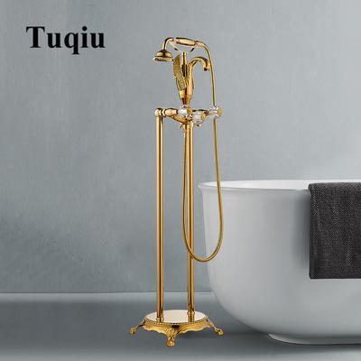 Tuqiu Gold Ванная комната Ванна Смеситель Ручной Душ Отдельно Стоящий Черный Масло Матовый Лебедь Смесители Для Ванны Напольный Монтаж