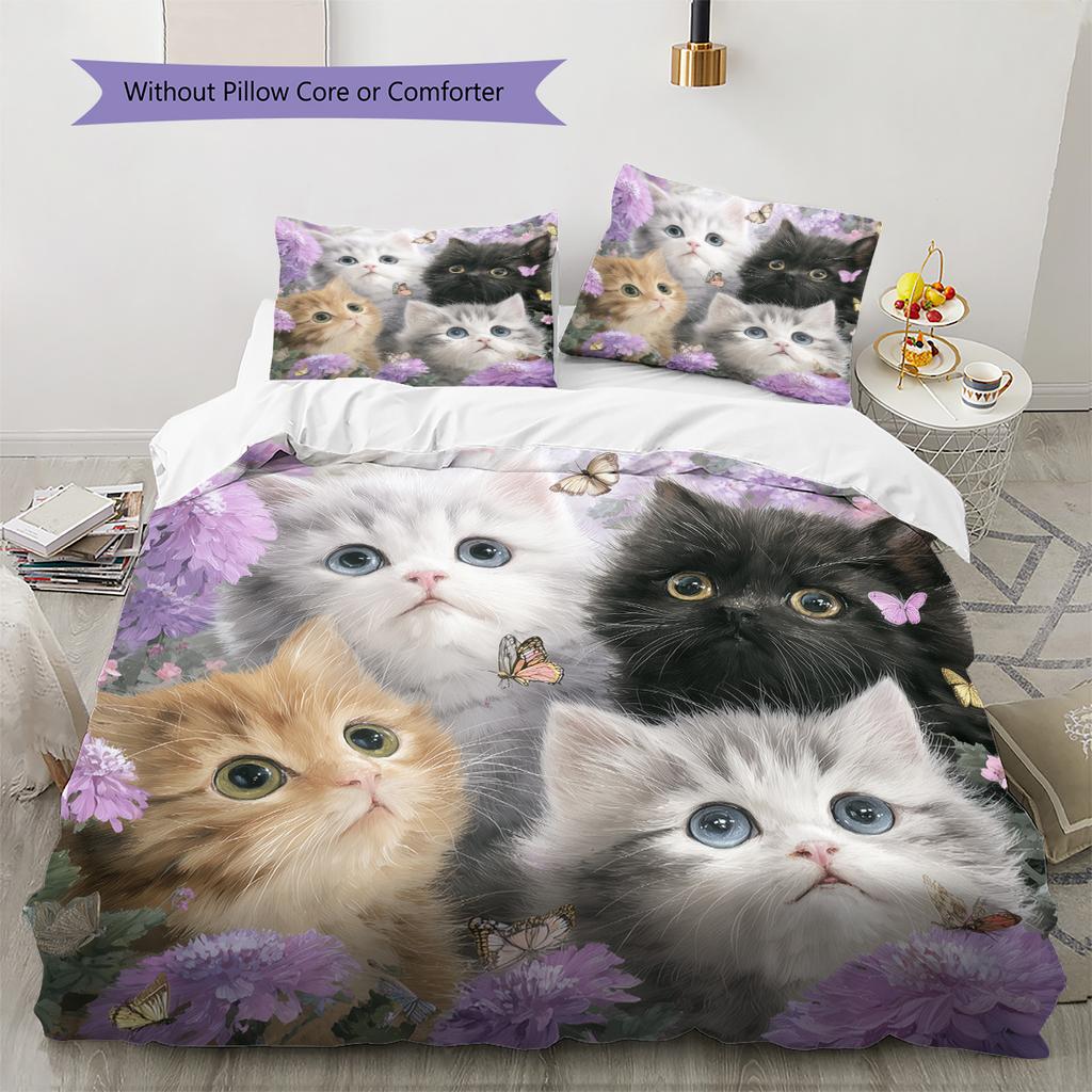 Purple Tabby Cat Pattern Bedding Quilt Set Quilt Cover Pillowcase Home Decoration Gift (1 * duvet cover + 2 * pillowcase, without core)