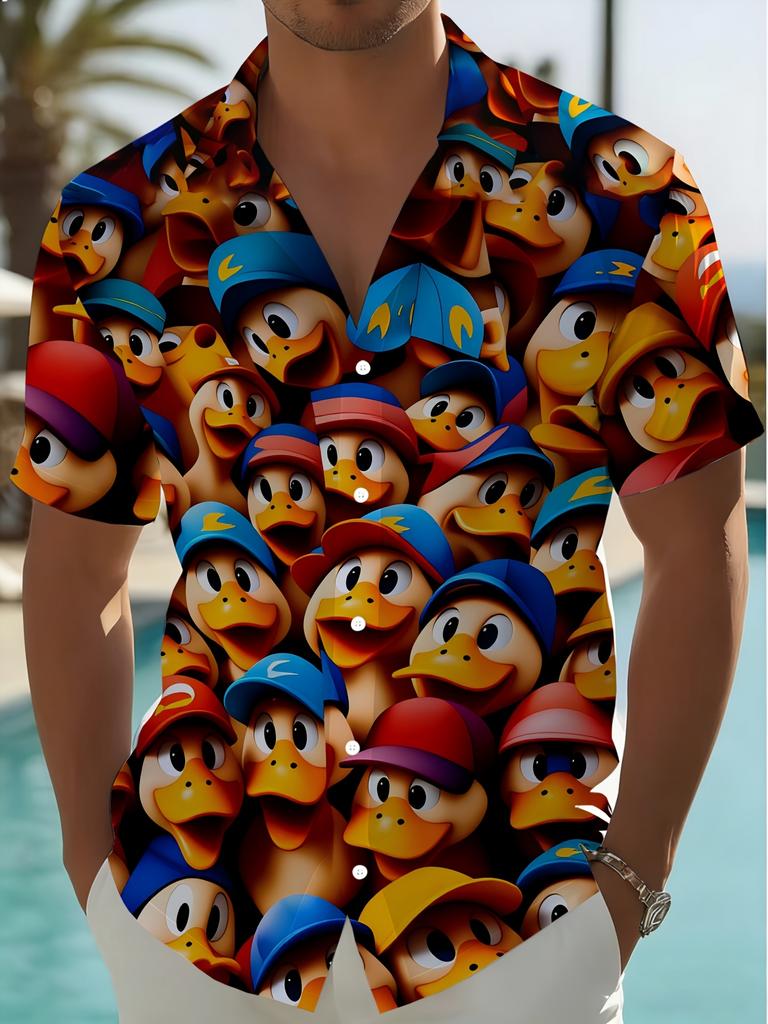 Fun Cute Duck Print Casual Shirt, Loose-Fitting Cartoon Top with a Flowing Drape, Suitable for Beach Strolls / Comic Con Outings / Weekend Streetwear